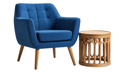 Blue armchair with wooden table, modern cozy