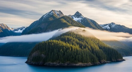 A scenic island covered in lush green forest with mountains and a body of water in the background
