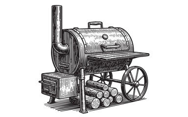 Barbecue Smoker Grill Engraving Vector Illustration