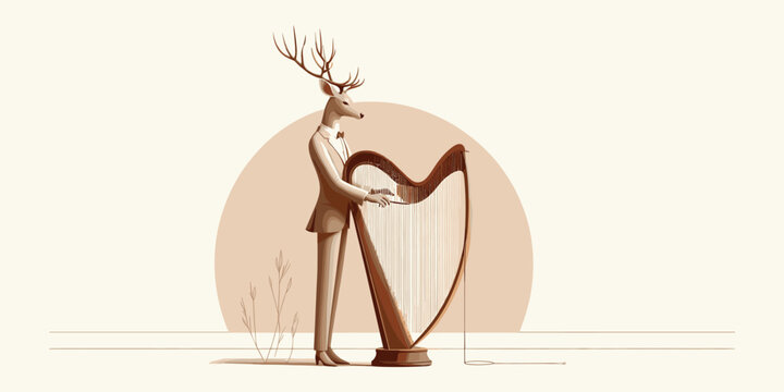 Whimsical Illustration Deer in Formal Attire Playing a Harp with Elegant Style