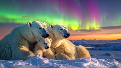 heartwarming family of polar bears rests on snowy Arctic terrain under vibrant colorful display of the Aurora Borealis