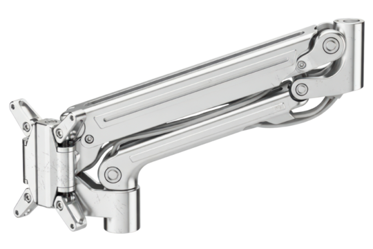 Detailed silver articulating computer monitor display arm isolated on transparent background