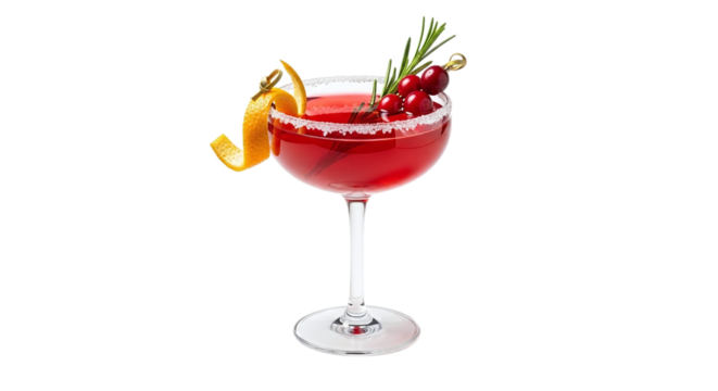 Festive cranberry margarita isolated on transparent background, a refreshing cocktail for holiday celebrations with a garnish of orange peel