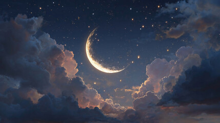 Romantic Moon In Starry Night Over Clouds