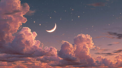 Romantic Moon In Starry Night Over Clouds