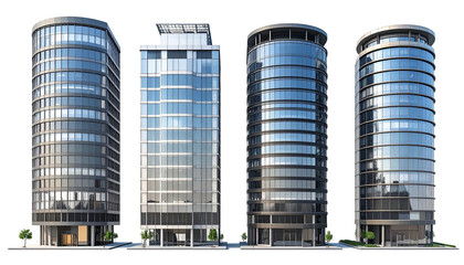 Four modern glass skyscrapers against a black background