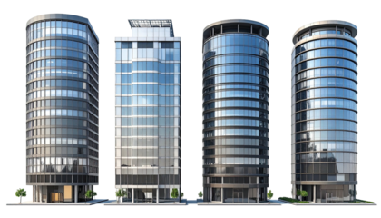 Four modern glass skyscrapers against a black background