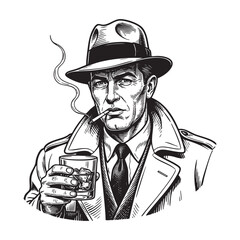 Gentleman with Cigar and Whiskey Drink Engraving Vector Illustration