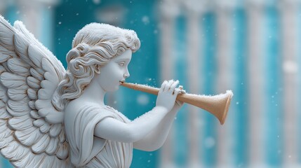 Snowy Angel Statue Playing Golden Trumpet