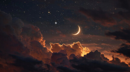 Romantic Moon In Starry Night Over Clouds