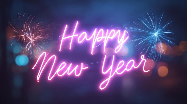 Bright neon pink happy new year text glowing against a dark background with fireworks and bokeh lights