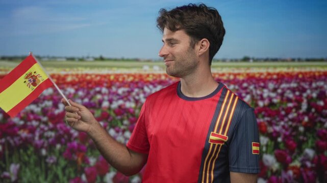 Man waving a small spanish flag with one hand in a colorful tulip field while wearing a red soccer jersey and looking sideways; national pride.