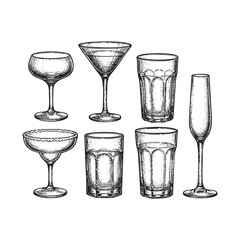 Set of Classic Cocktail Liquor Glasses Engraving Vector Illustration