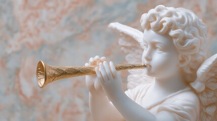 Closeup Marble Cherub with Golden Trumpet