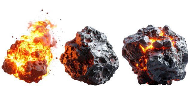 Three space rocks burning, gray, and glowing