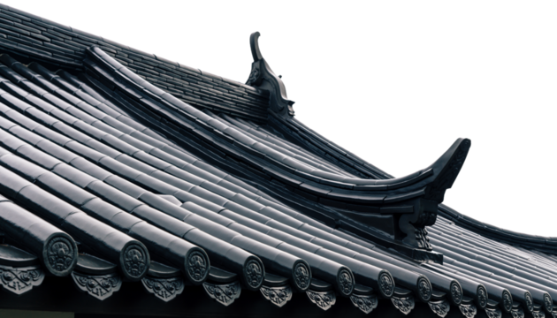 Black chinese style tiled roof isolated on transparent  background.