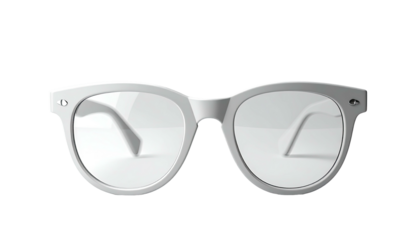 White framed glasses floating over a dark background
