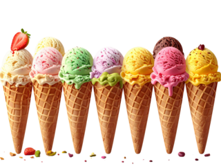 A collection of colorful ice cream scoops on waffle cones, arranged in a row — including chocolate, vanilla, strawberry, pistachio, and mango flavors — high detail isolated on transparent background, 
