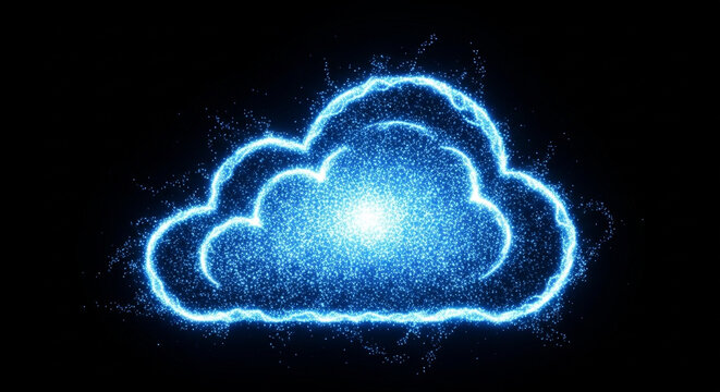 Abstract glowing blue cloud shape made of sparkling particles on a