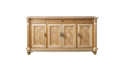 Elegant antique four-door cabinet with detailed carvings and rich wood finish