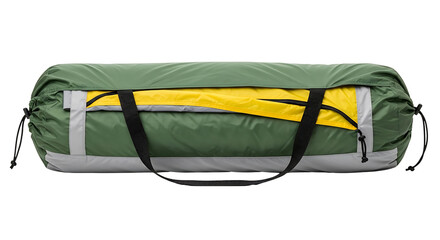 Rolled up green and yellow tent ready for camping and outdoor adventures Transparent