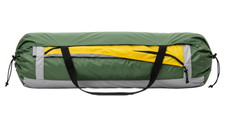 Rolled up green and yellow tent ready for camping and outdoor adventures Transparent