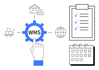 Tools include gear with WMS, checklist, calendar, warehouse, carts, and globe emphasizing logistics. Ideal for organization, efficiency, planning supply chain shipping inventory simple flat