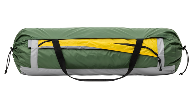 Rolled up green and yellow tent ready for camping and outdoor adventures Transparent