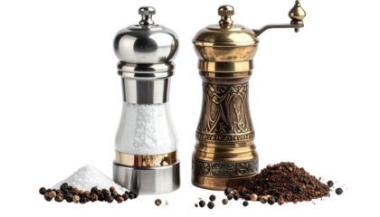 Salt, pepper mills flank piles of seasoning against black ground