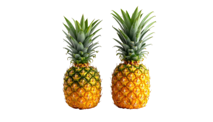 Two ripe pineapples with green tops against black background