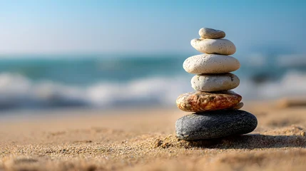 Wanddecoratie Huisarts Ausbalancierter Steinturm am Sandstrand mit Meeresblick   © dasOval.ch