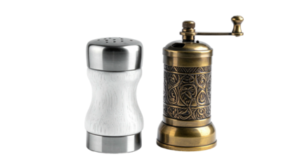 Salt shaker & pepper grinder set isolated on black backdrop
