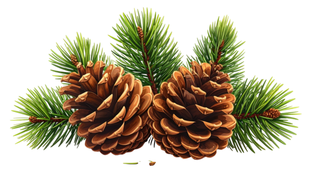 Two pinecones nestled amid vibrant green pine needle sprigs