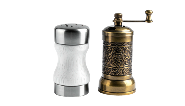 Salt shaker & pepper grinder set isolated on black backdrop