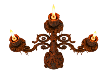 Ancient rusted metal candelabra with three burning candles isolated on transparent background