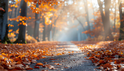Golden autumn path bathed in warm sunlight, with fallen leaves creating a vibrant carpet and trees forming a magical canopy overhead
