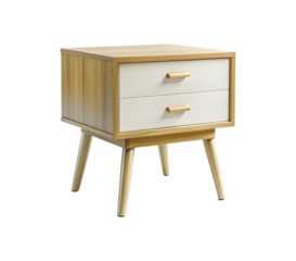 Modern wooden nightstand with two drawers and tapered legs for bedroom or living room decor
