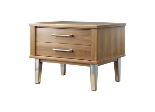 Modern wooden nightstand with two drawers and sleek metal legs a stylish bedroom furniture piece