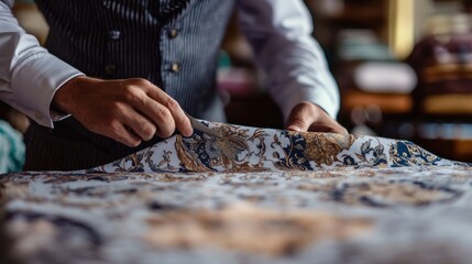 A tailor adjusting fabric patterns with precise scissors and measured marks capturing the silent adeptness of handmade fashion