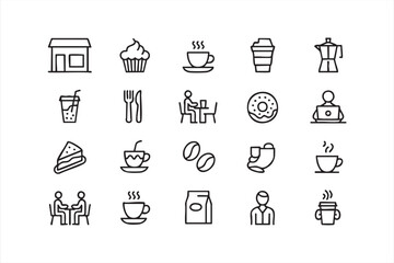 Minimalist vector set of coffee cups, desserts, and cafe elements in outline style