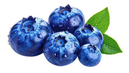 Fototapeta premium Freshly picked, glistening blueberries with green leaves against black