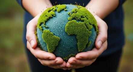 Two hands holding a green and blue globe with grass on it, surrounded by a blurred green background.