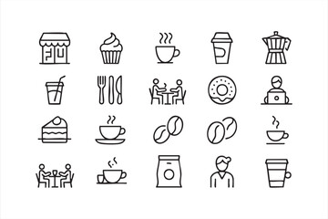 Modern line icons featuring coffee, donut, and barista tools for cafe design