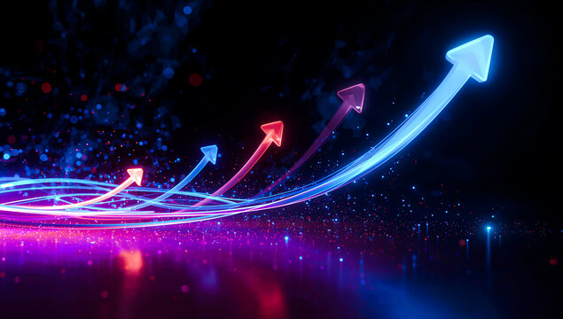 A glowing blue and red arrows curving upwards in a dynamic sequence against a dark background, symbolizing digital growth, progress, data visualization, business success, and technological advancement