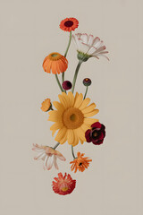A vertical arrangement of brightly colored wildflowers on a neutral background