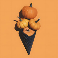 Autumn harvest pumpkins in a black ice cream cone