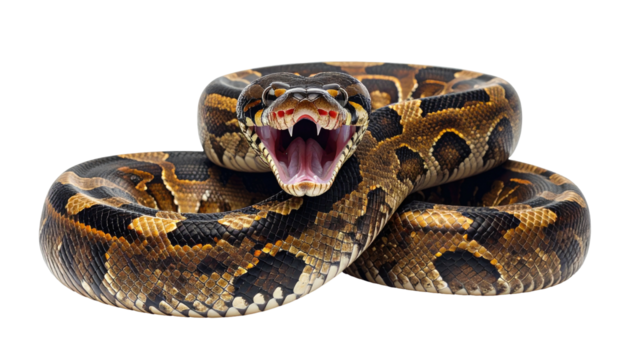 Angry snake coiled, mouth open, displaying teeth