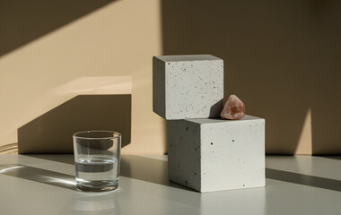 Minimalist still life with geometric shapes and a glass of water
