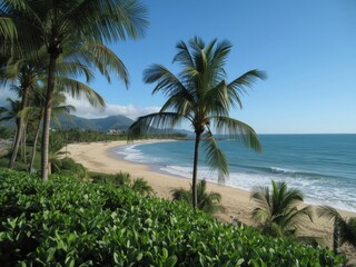 Fototapeta premium Tropical beach with palm trees and turquoise ocean waves