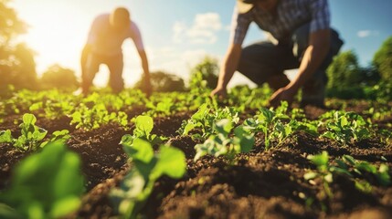 Farmers planting seeds in neat rows under bright sunlight representing agricultural development and growth